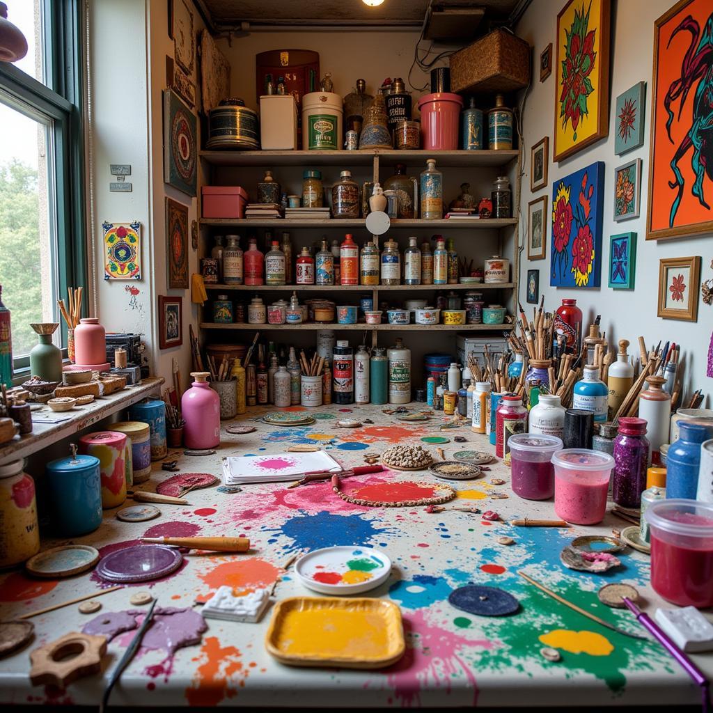 An artist surrounded by unusual materials and vibrant colors.