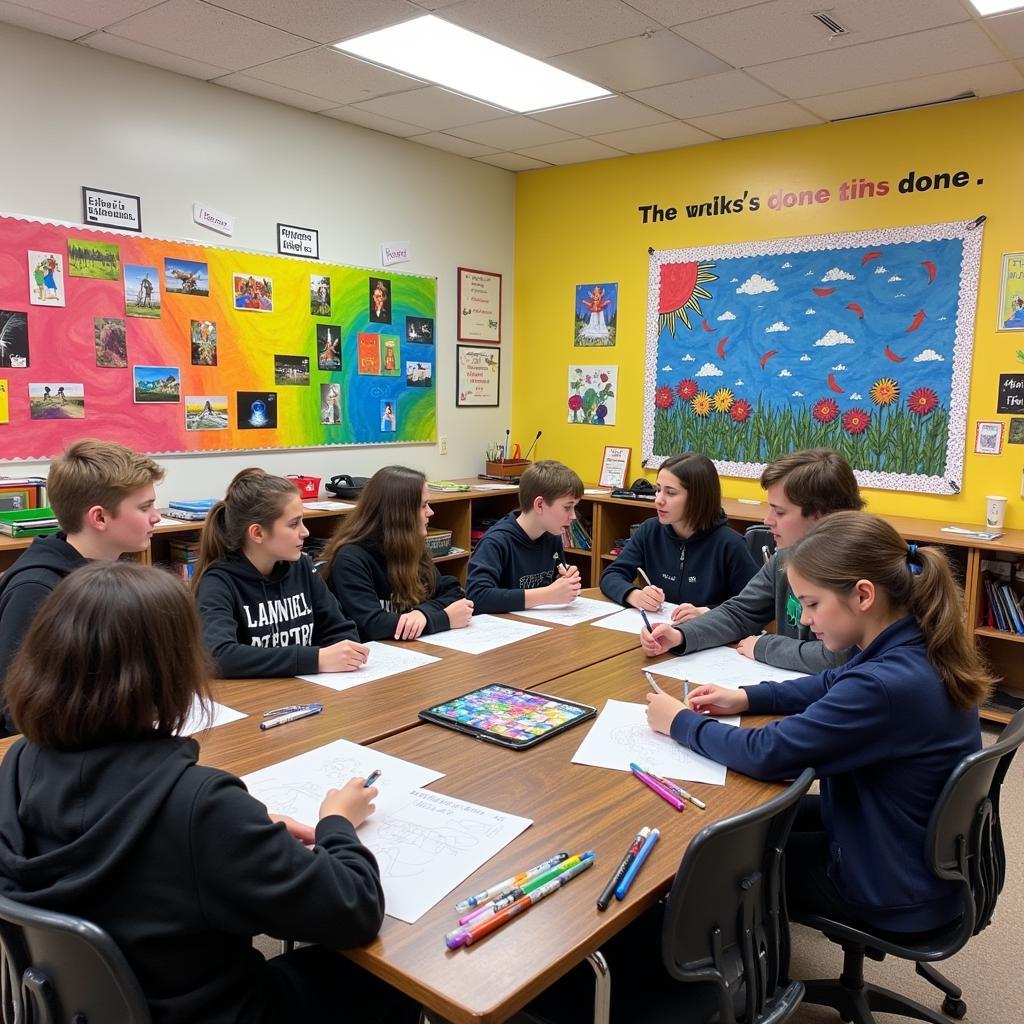 Students brainstorming ideas in an art classroom