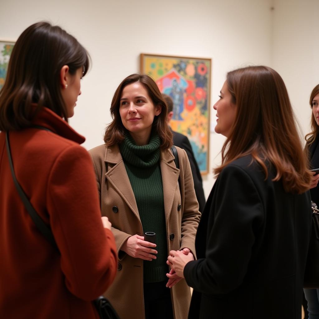 Two people discussing a contemporary sculpture while holding glasses of wine in a Chelsea art gallery