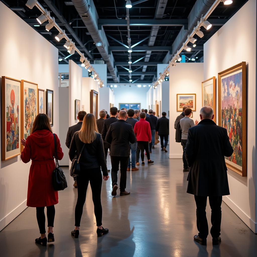 Visitors Reviewing Artworks at an Art Fair