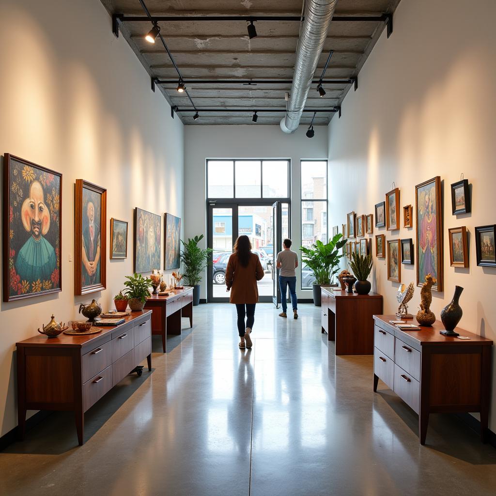 Spacious art gallery interior with diverse artworks on display for consignment