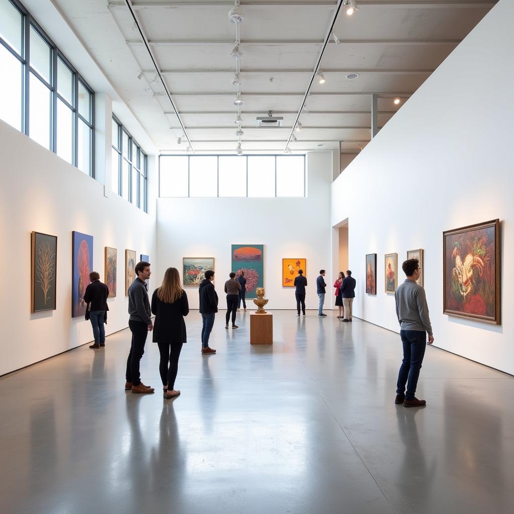 Contemporary art gallery interior showcasing a diverse collection of paintings and sculptures