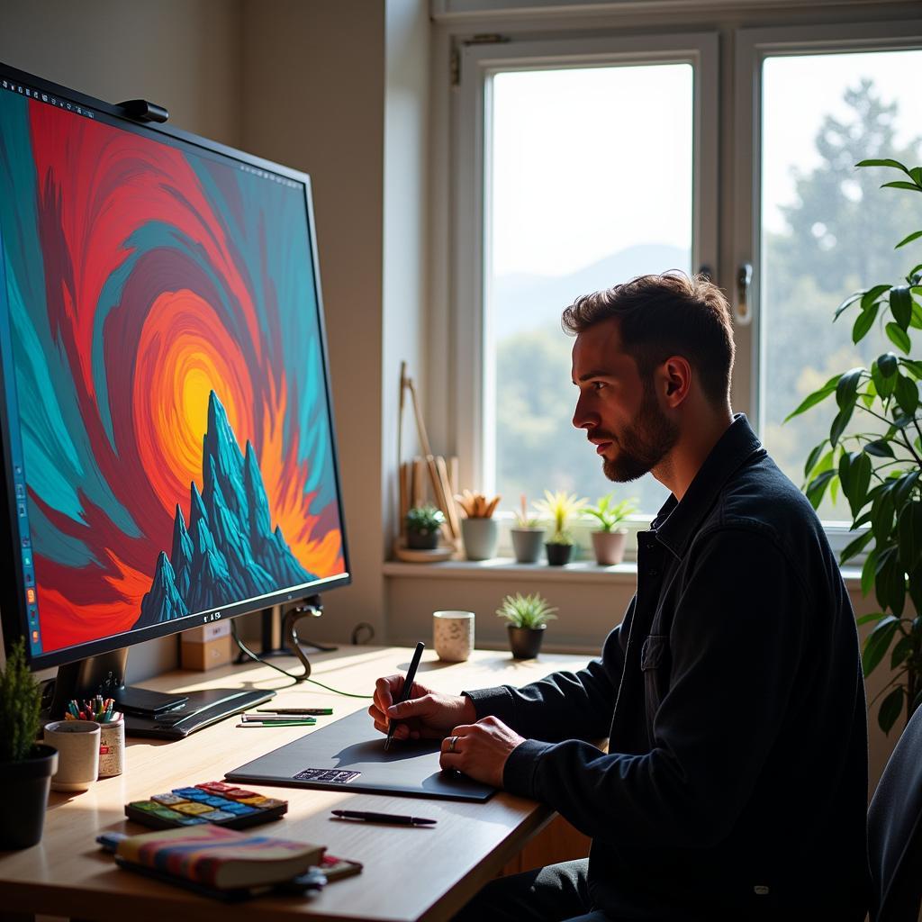 Artist working on a digital art piece using a stylus and a graphics tablet in a brightly lit studio.