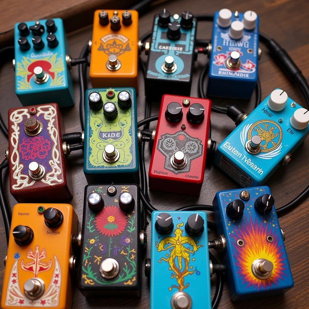 A showcase of vibrant and intricately designed art guitar pedals.