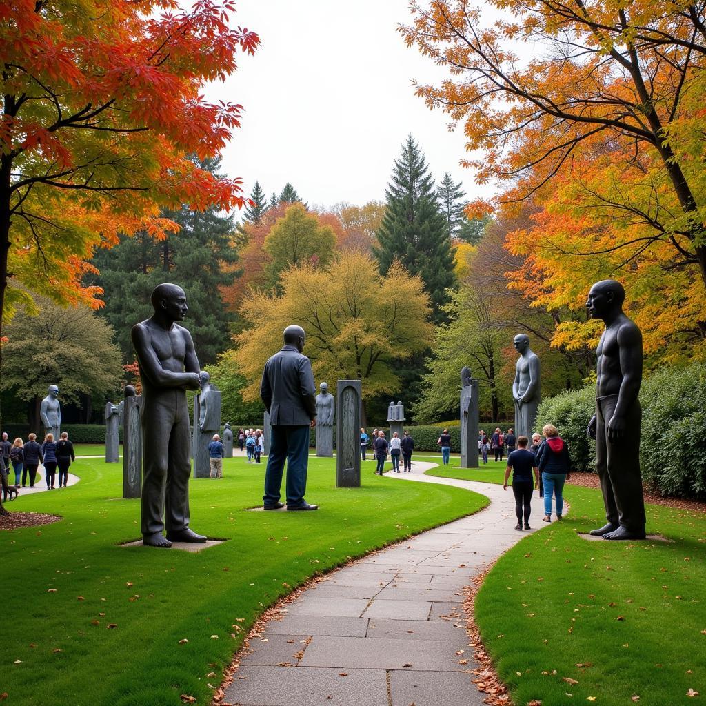 Visitors admiring sculptures in a garden setting during Art in Autumn Weaverville