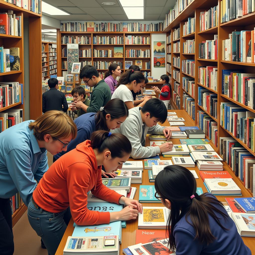 People browsing art books in a bookstore