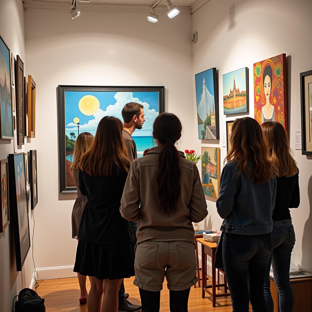 Art lovers browse a collection of paintings in a studio during the tour