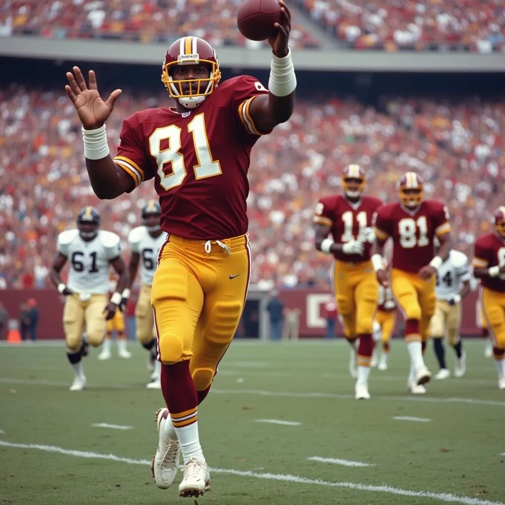 Art Monk making a spectacular catch for a touchdown during a Washington Redskins game.