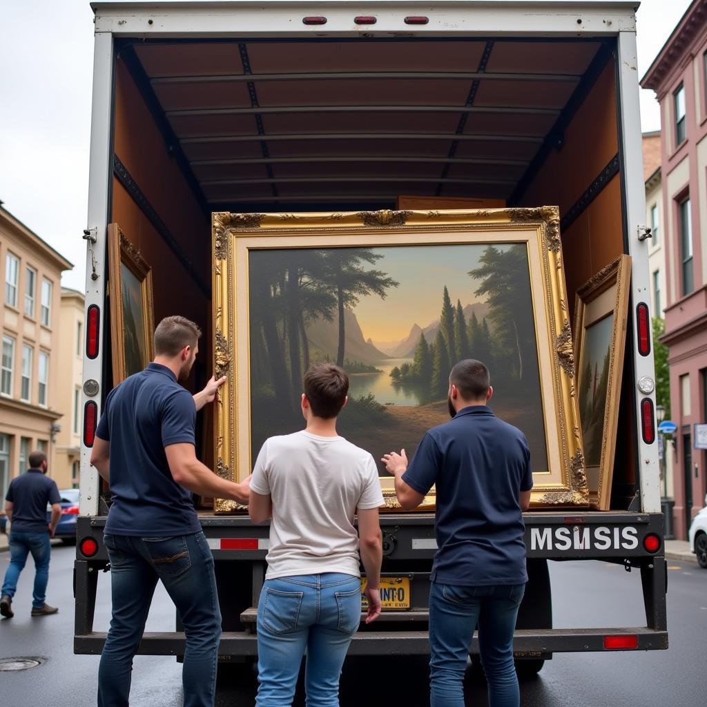 Art movers in New York City carefully loading artwork into a climate-controlled truck