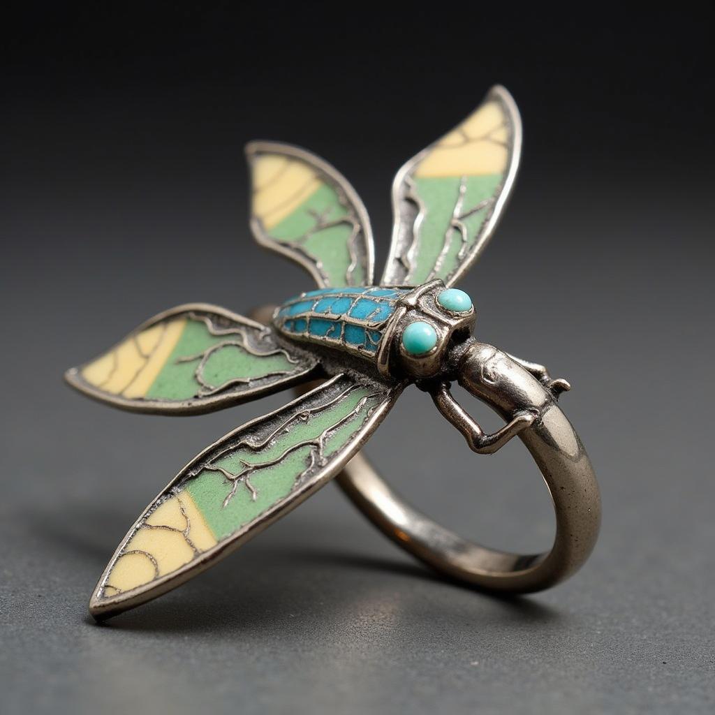 Art Nouveau ring with a dragonfly motif crafted in silver and enamel.