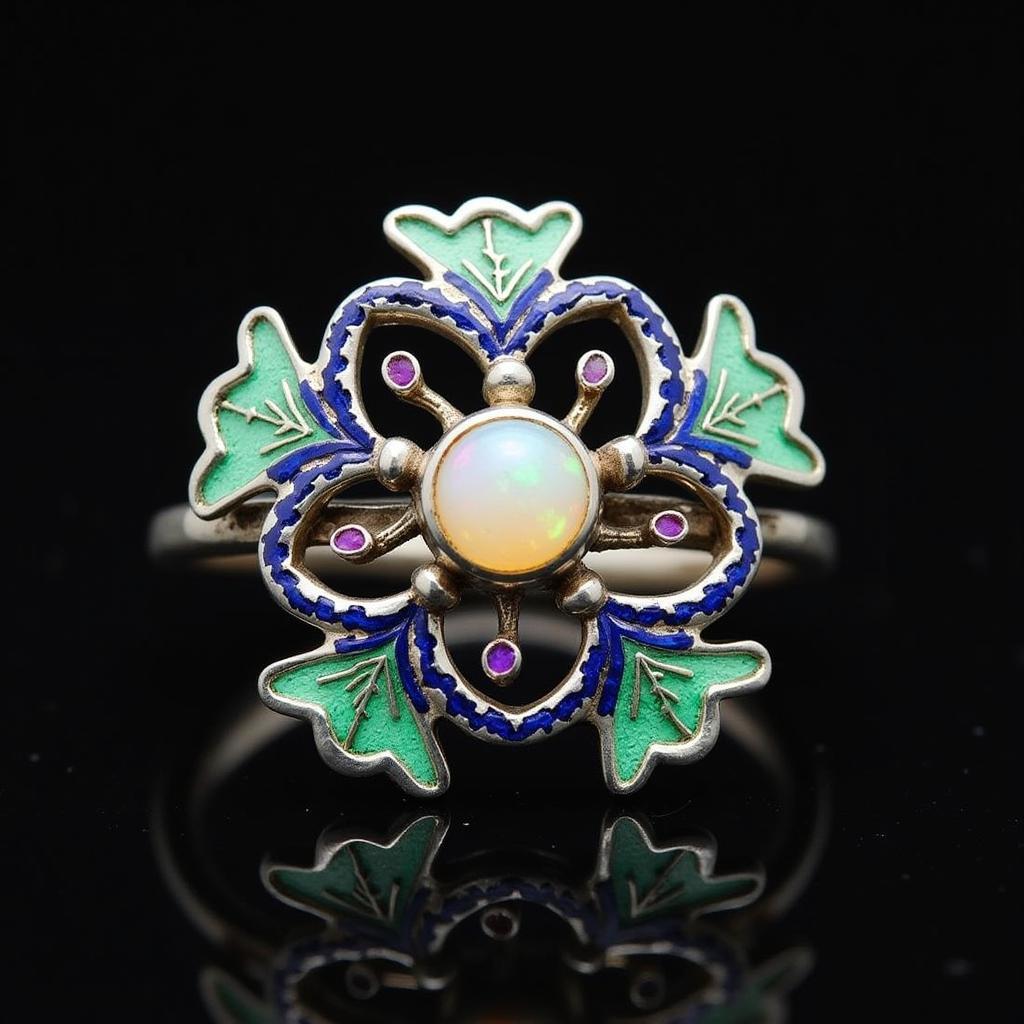 Art Nouveau Ring with Enamel and Floral Design