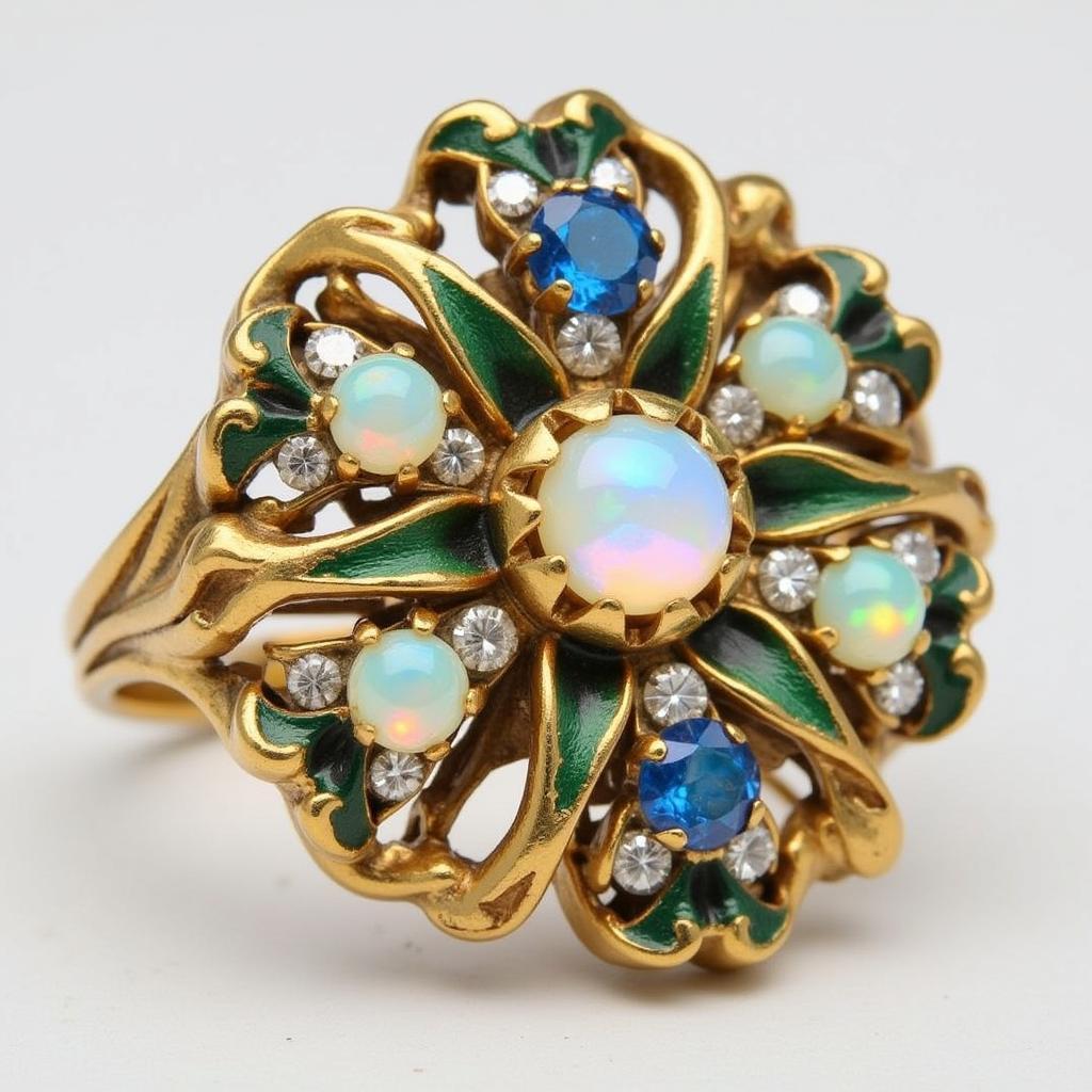 Art Nouveau ring with intricate floral design featuring enamel and gemstones.