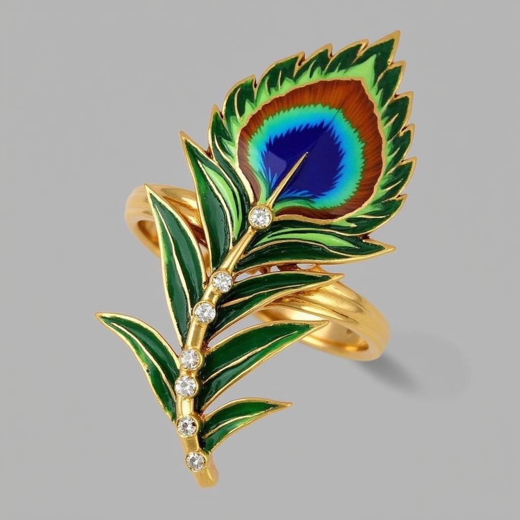 Art Nouveau ring with a peacock feather design, showcasing enamel work and gemstone accents.