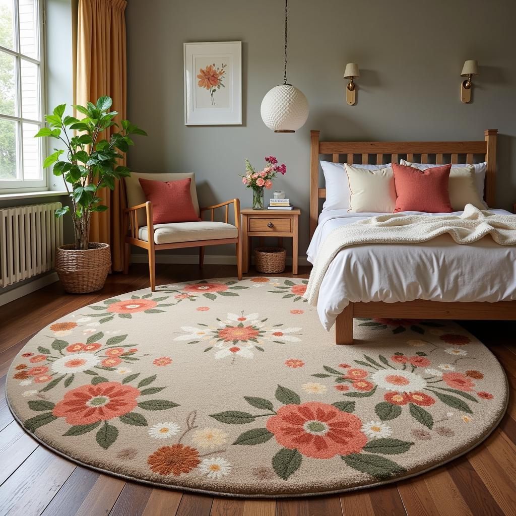 An art nouveau area rug in a bedroom