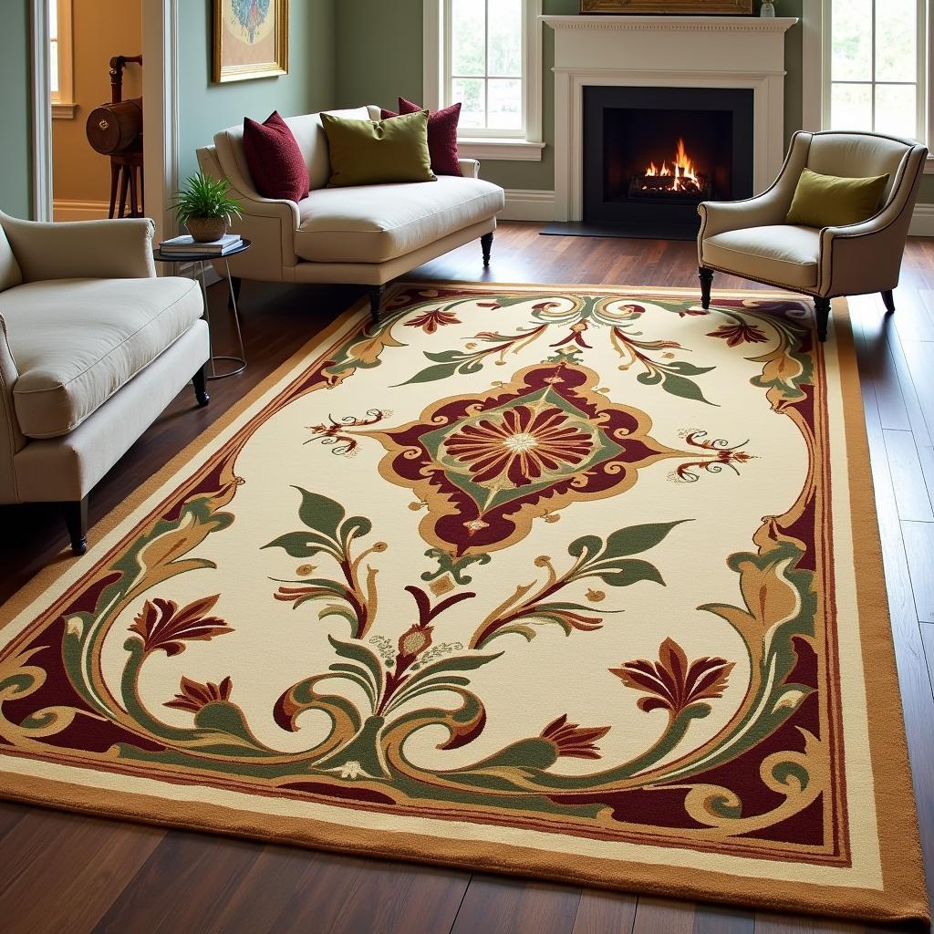 An art nouveau area rug in a living room setting