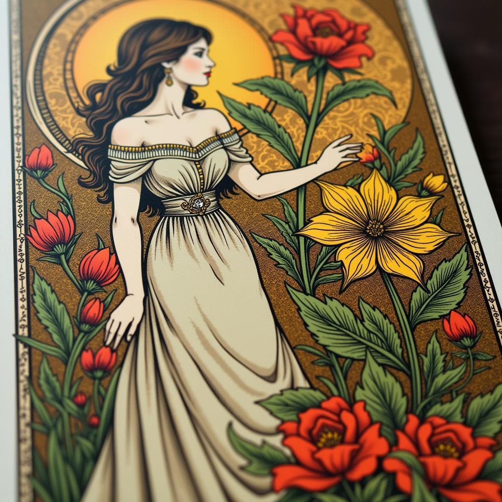 Art Nouveau tarot card design featuring a woman surrounded by flowing lines and floral motifs