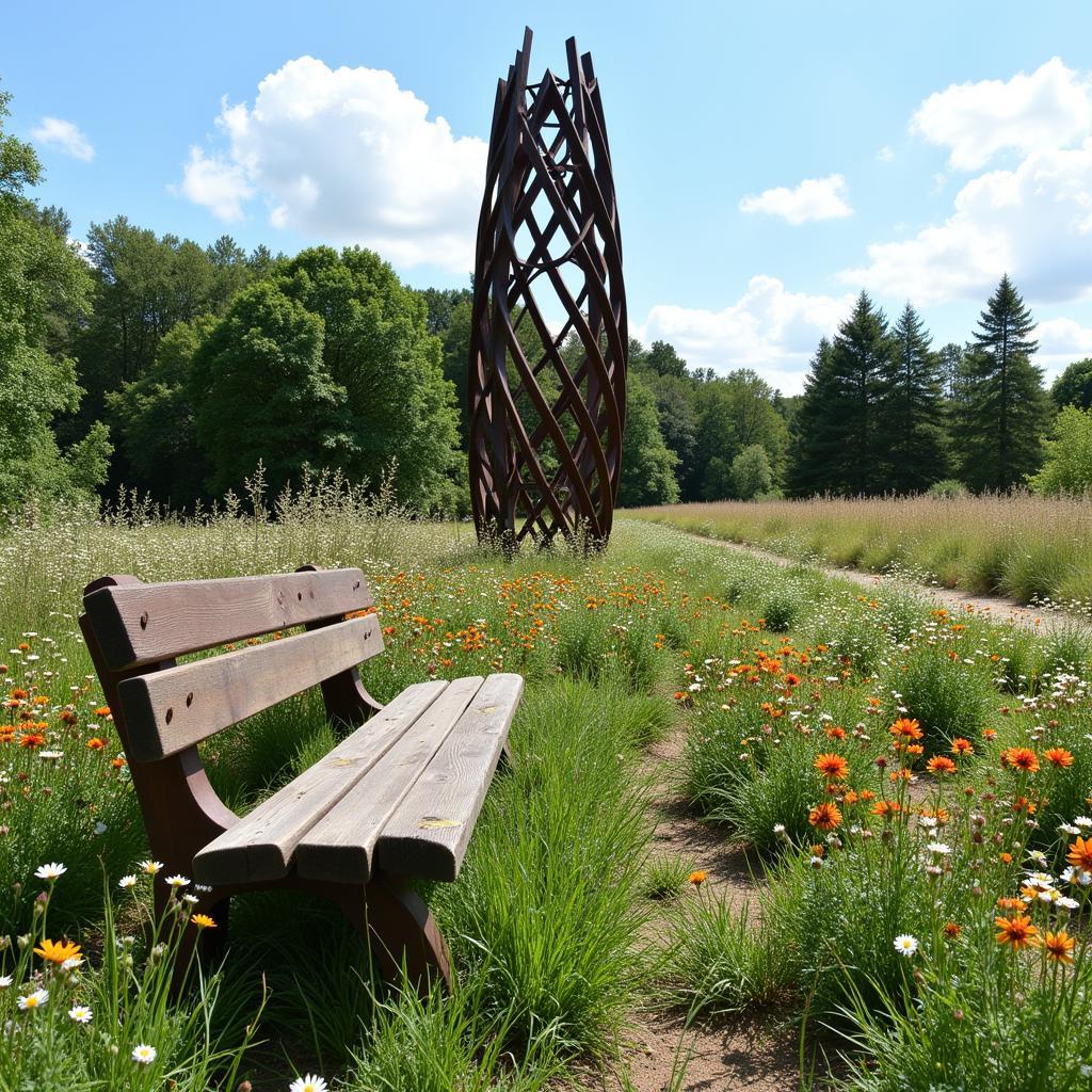 A weathered wooden bench positioned perfectly for visitors to admire a striking metal sculpture.