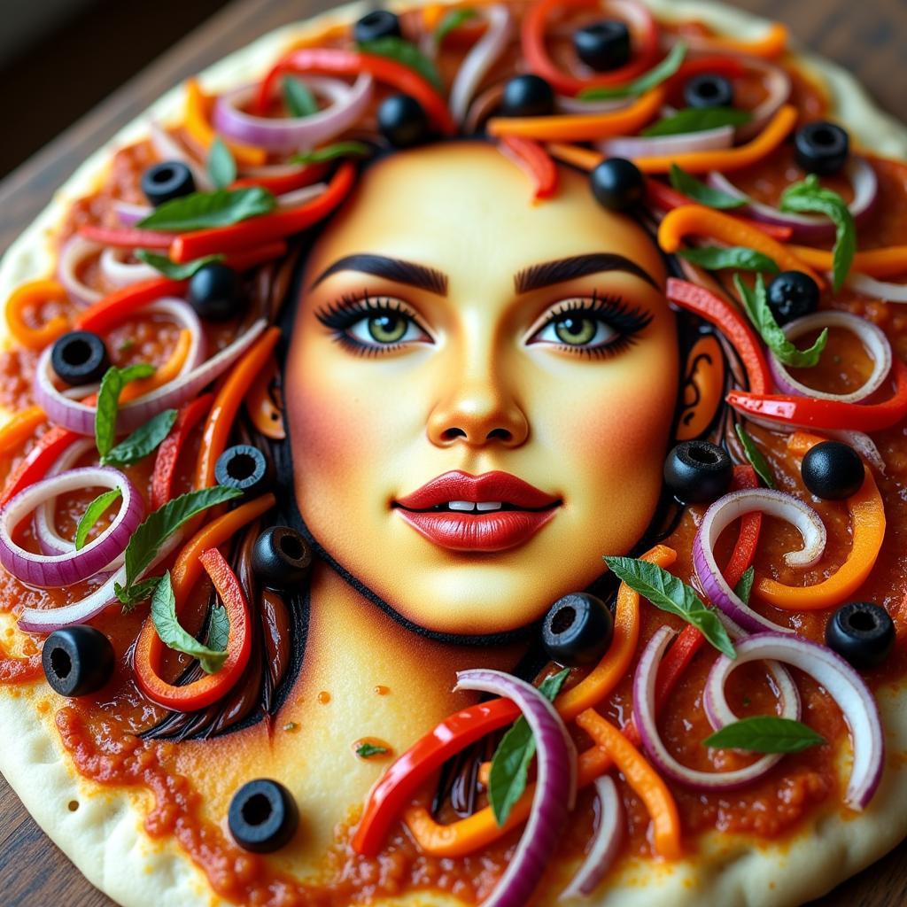 An art pizza featuring a vibrant portrait made entirely of colorful vegetables, showcasing the artistic potential of food.