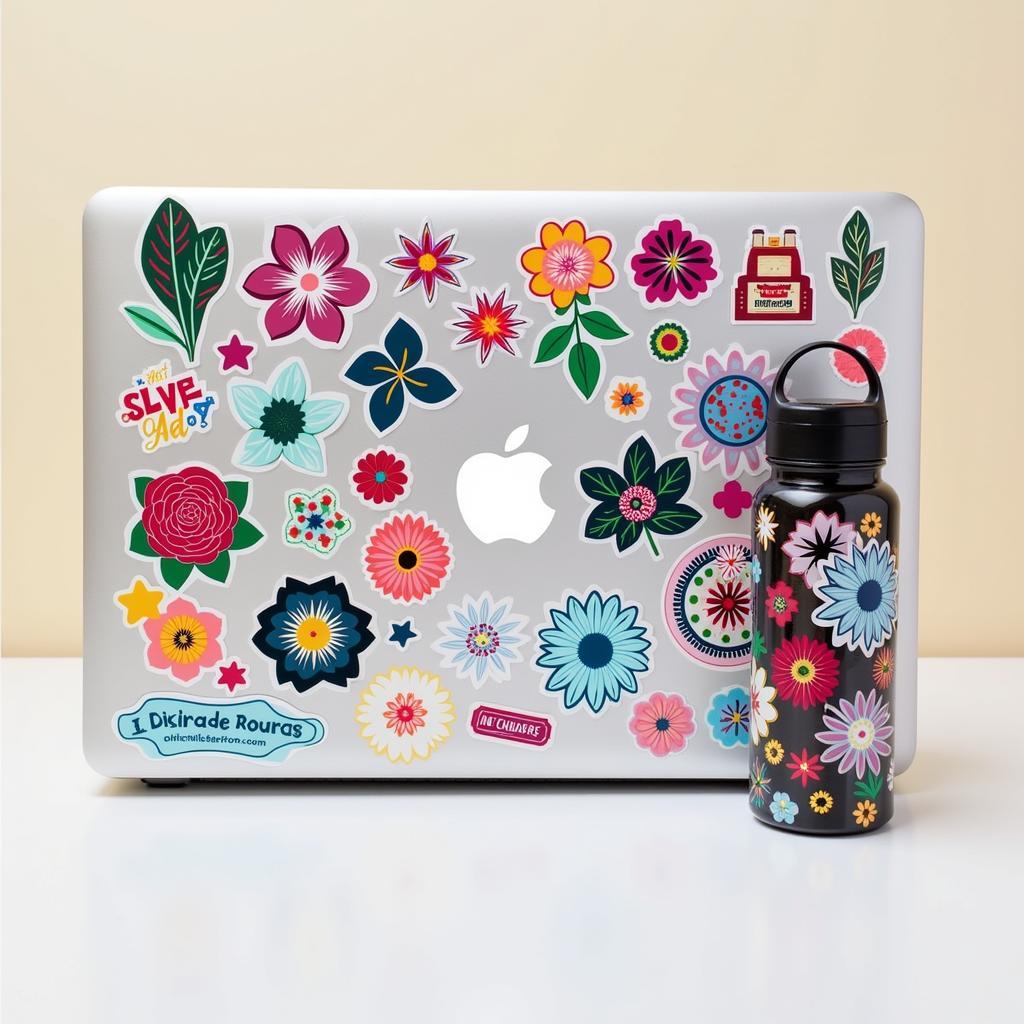 Art Sticker Designs on Laptop and Water Bottle