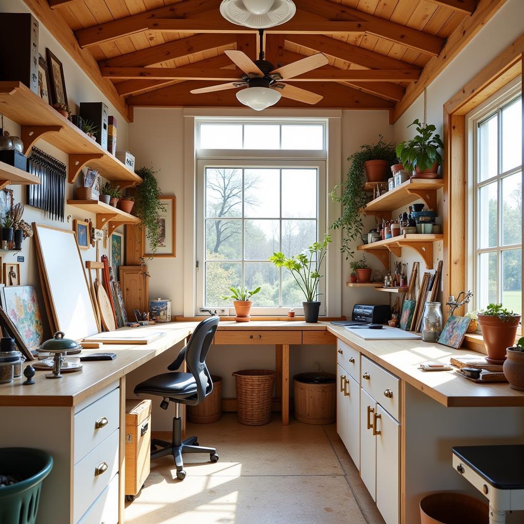 Organized art studio interior in a garden shed