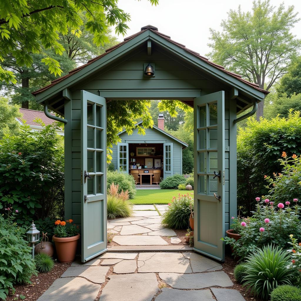 Art studio garden shed with French doors open to a garden