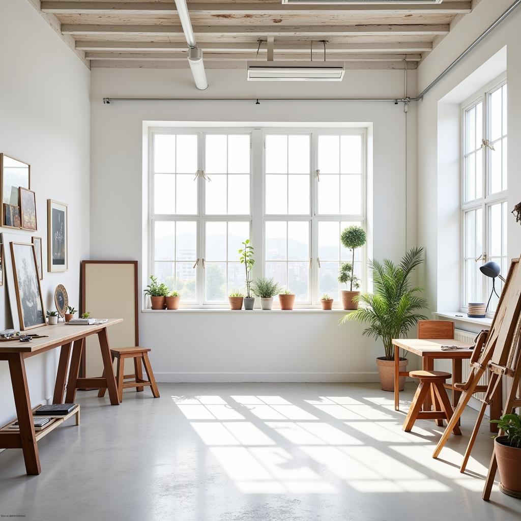 Spacious art studio interior flooded with natural light