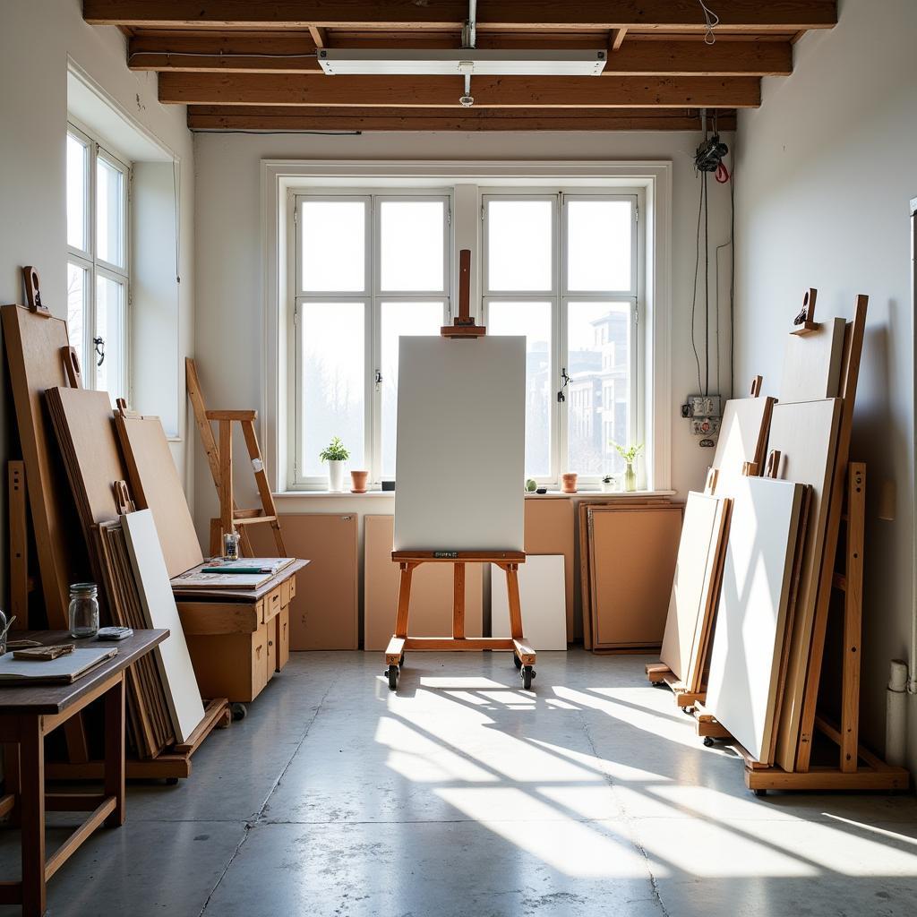 Well-organized art studio with art racks