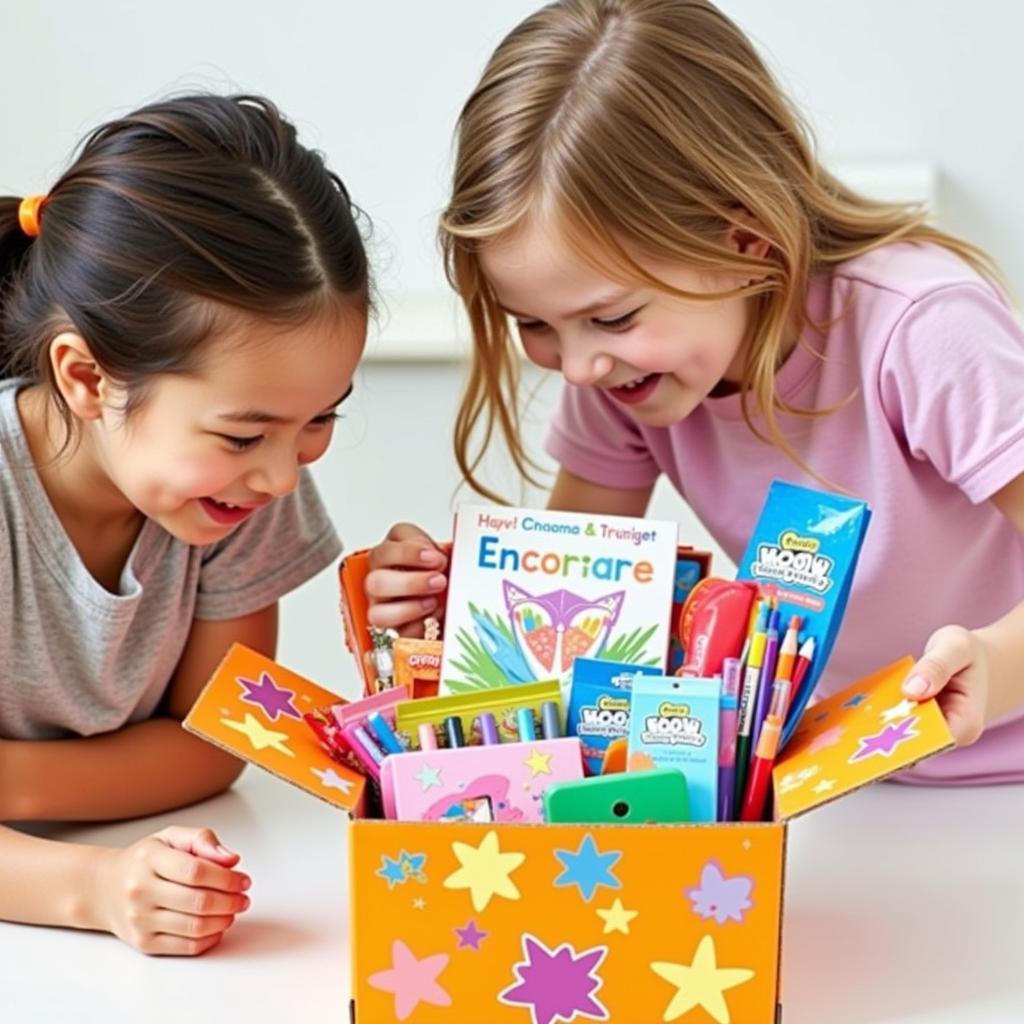 Kids excitedly opening an art subscription box