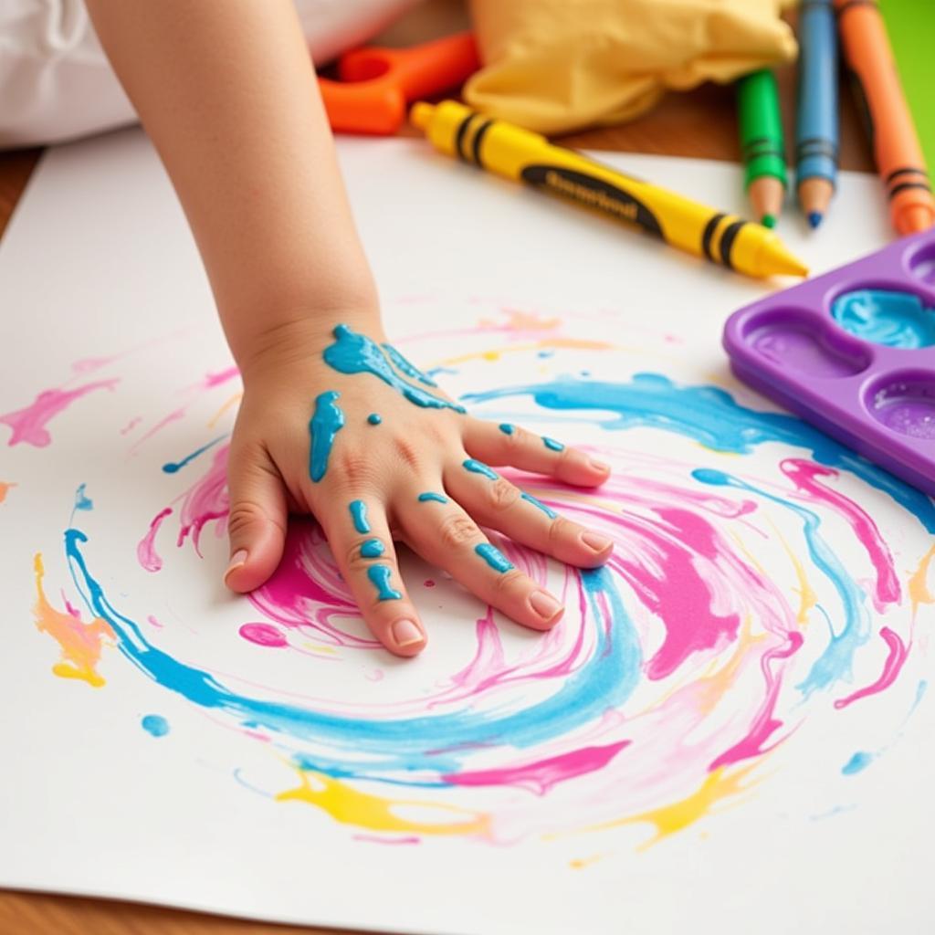 A child using finger paints on a large sheet of paper, with other art materials in the background.