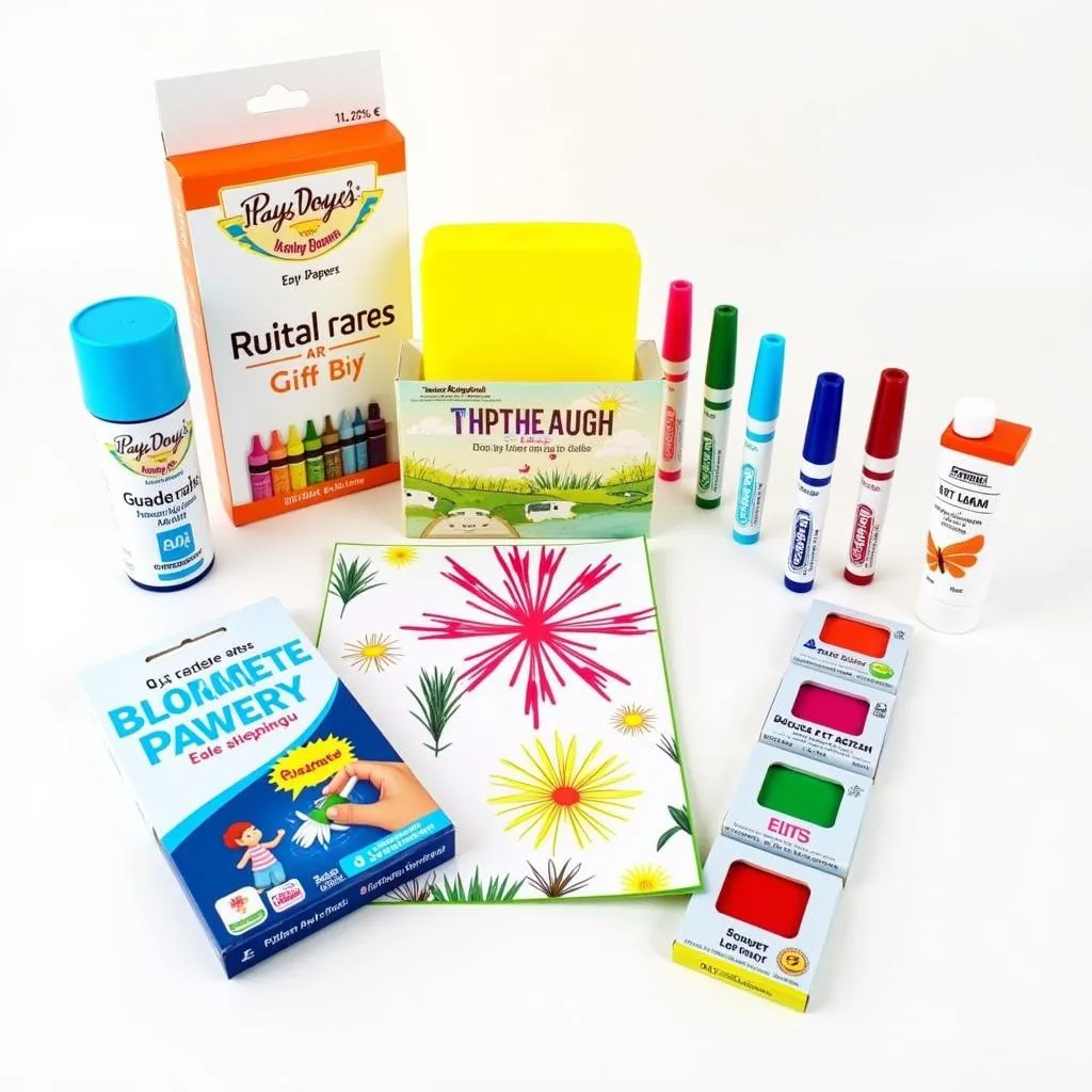 A set of colorful art supplies for three-year-olds