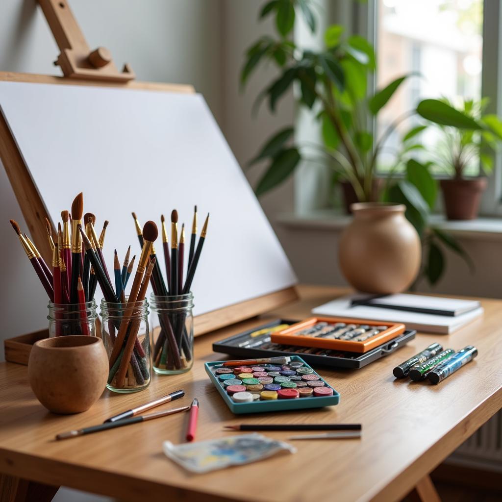 An assortment of art supplies neatly organized on an adjustable art table