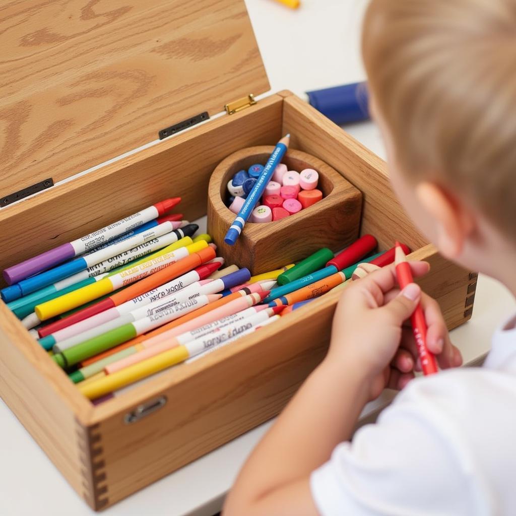 A wooden art supply box filled with crayons, markers, and colored pencils.