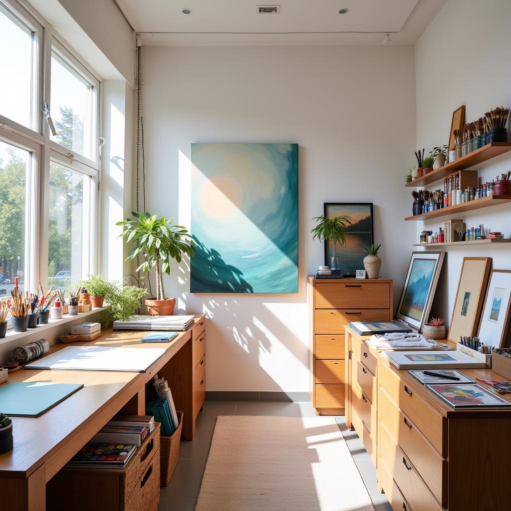 Art studio with wall-mounted storage and a flat file cabinet