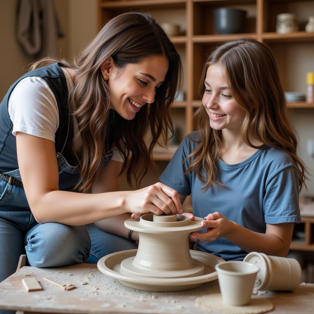 Art teacher providing guidance to a student using a pottery wheel