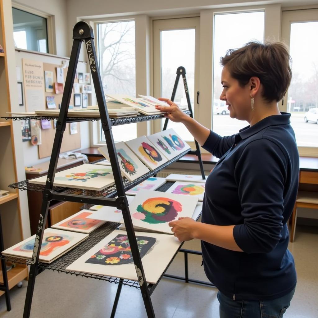 Art Teacher Organizing Student Artwork on a Drying Rack