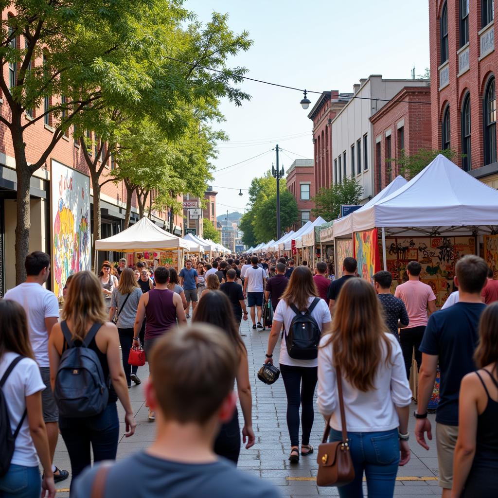 Crowds gather for an art walk event in a central city location