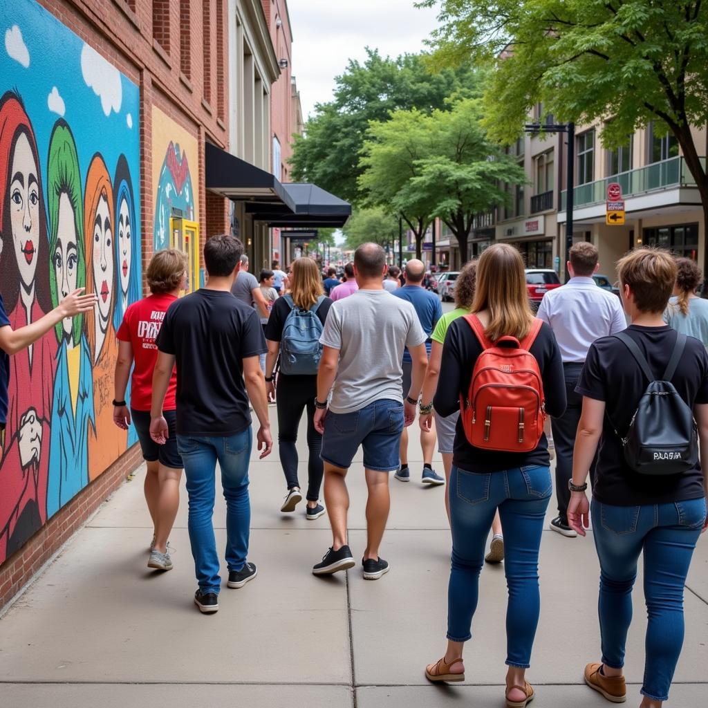 Group of people on a guided art walk in downtown Austin