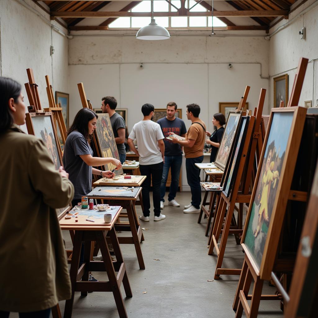 Artists collaborating in a bright and spacious art studio