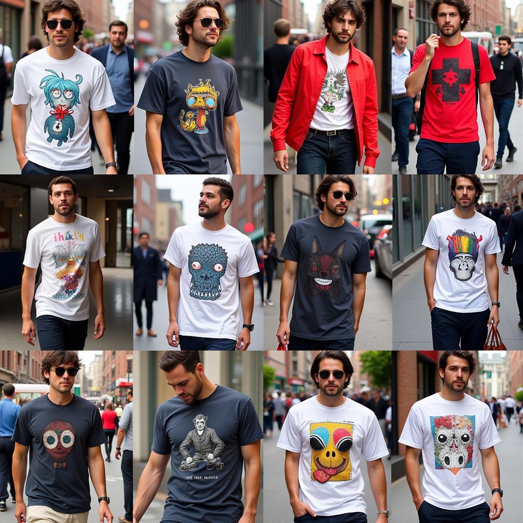 People wearing arte tshirts on a busy city street