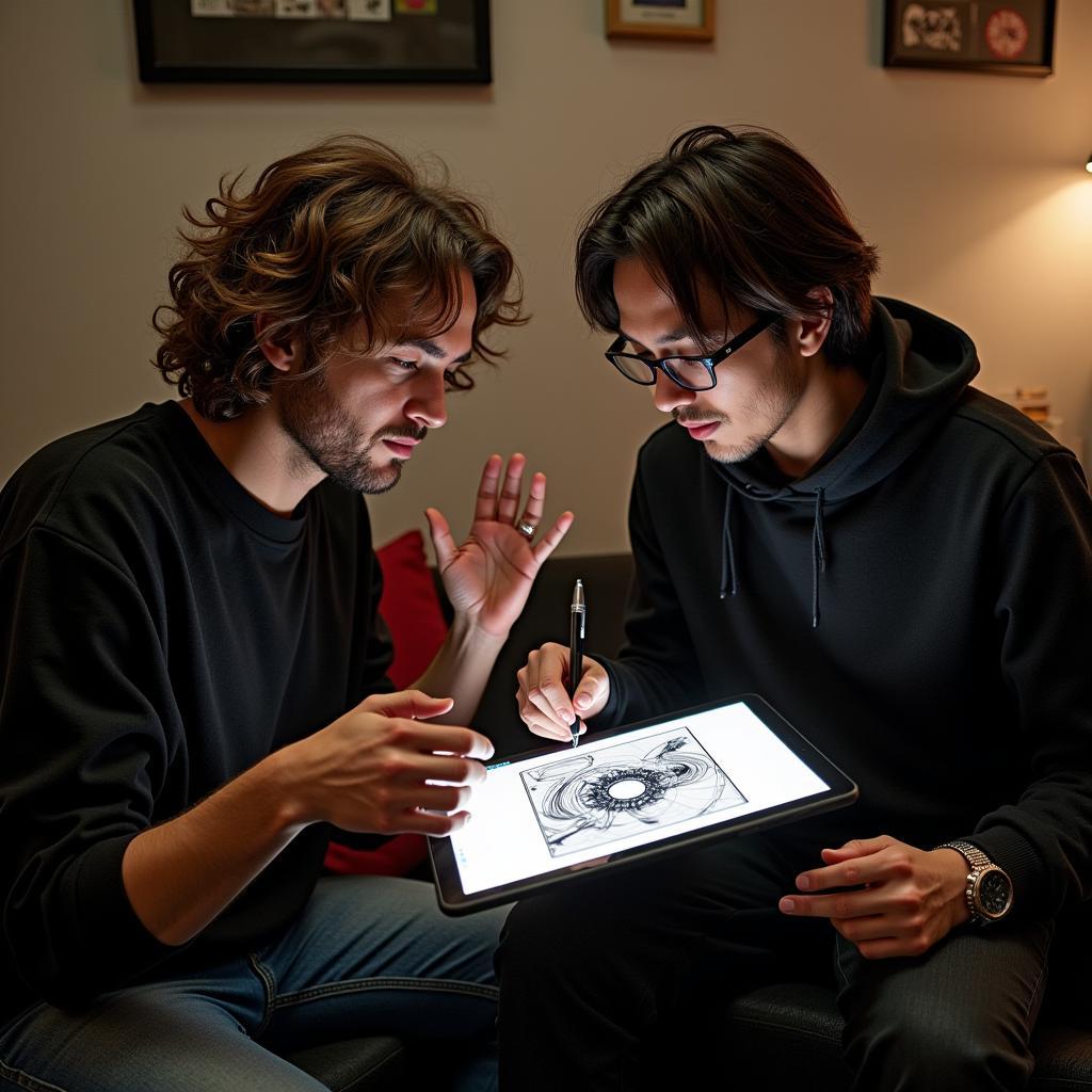 Artist and Graphic Designer Discussing Album Cover