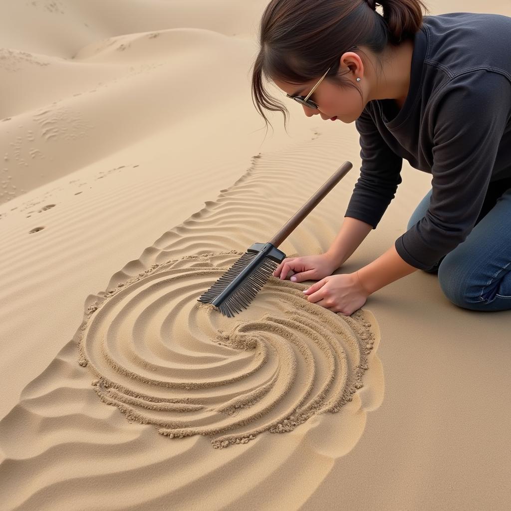 Artist Using Rake to Create Patterns in Sand Dunes