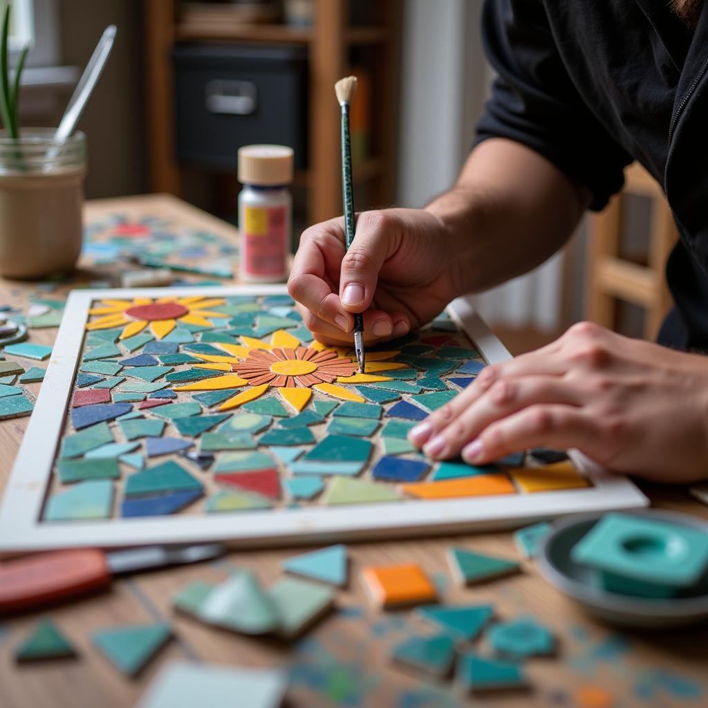 Artist Creating Tile Art Mosaic in Studio