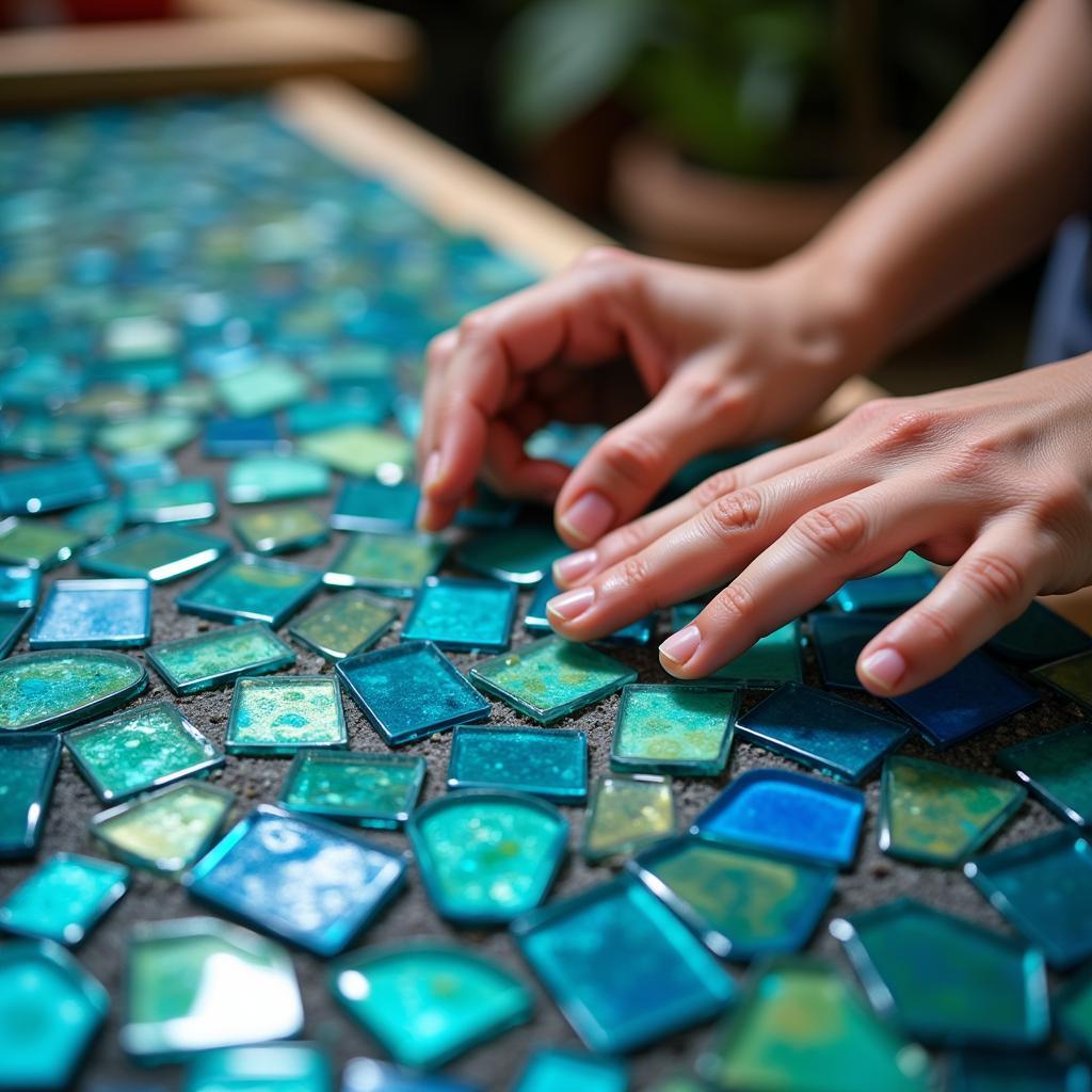 Artist Creating Water Mosaic Using Glass Tiles