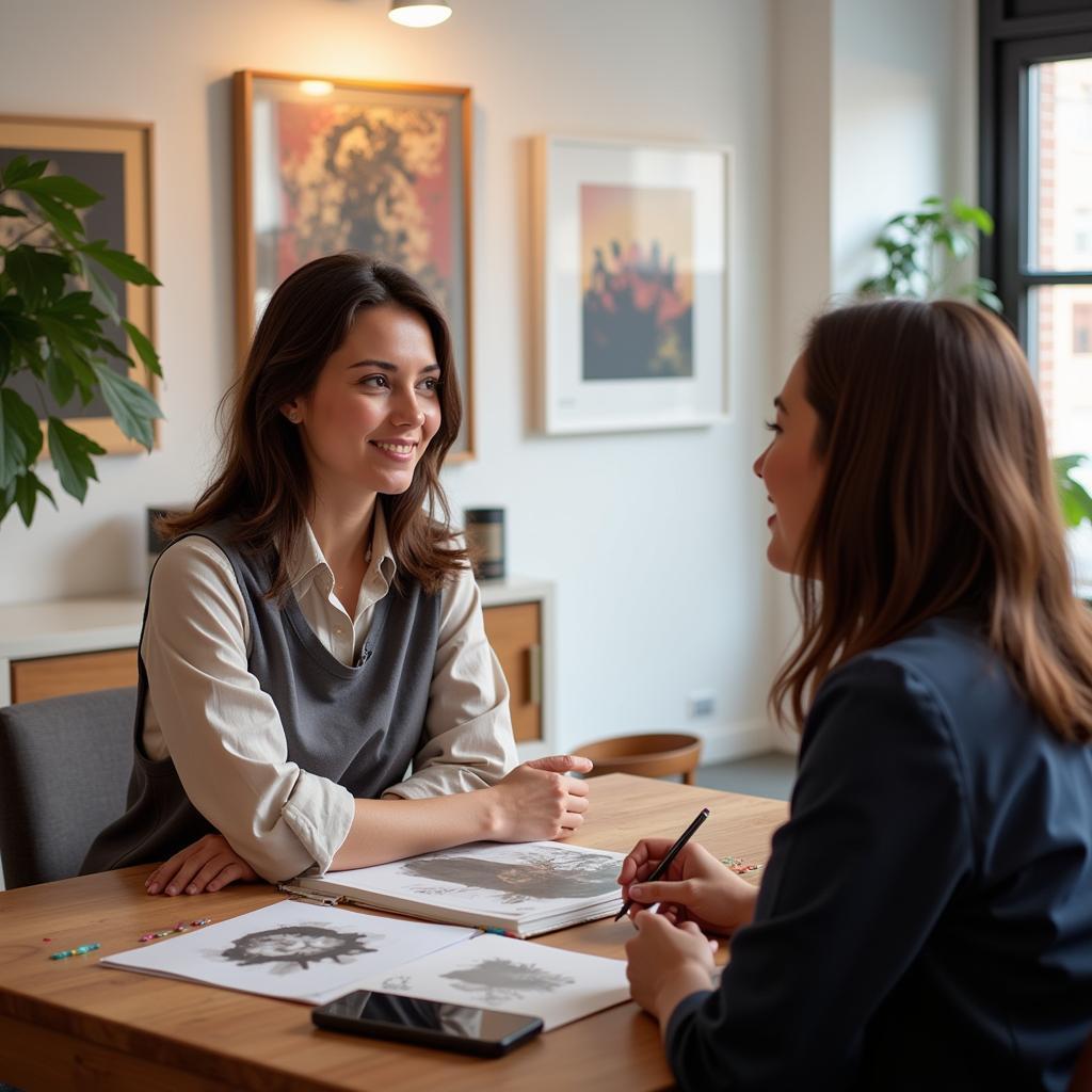 Artist and gallery owner engaged in a lively discussion about consignment opportunities