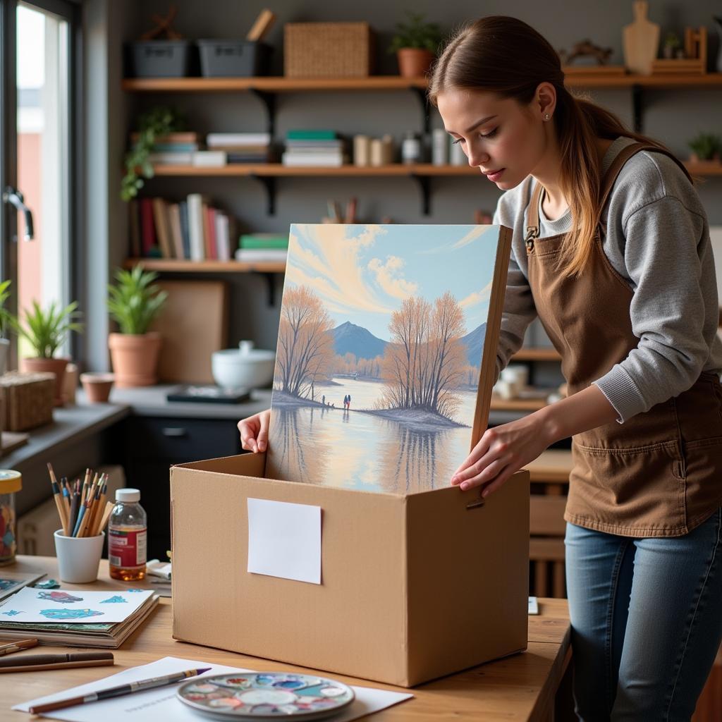 Artist organizing artwork in studio using art storage boxes