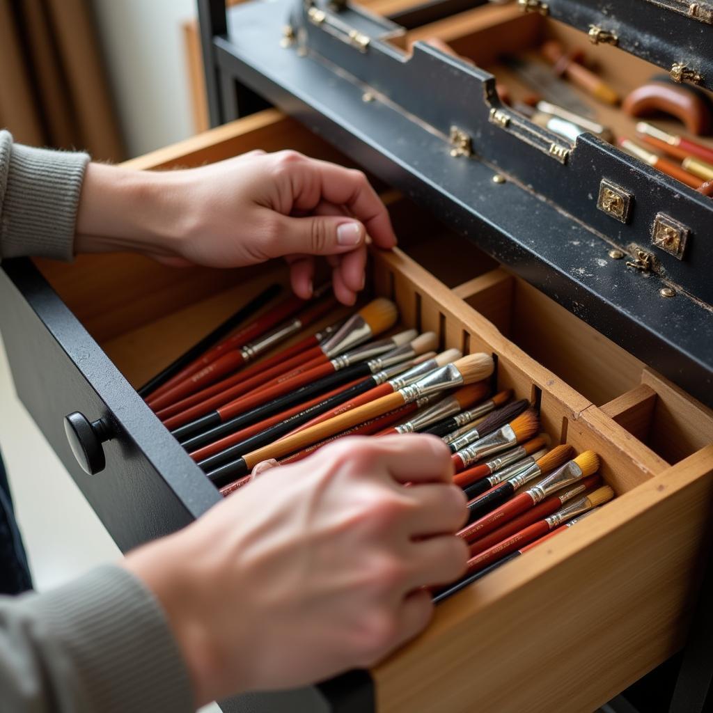 Artist Organizing Supplies in Art Storage Cabinet