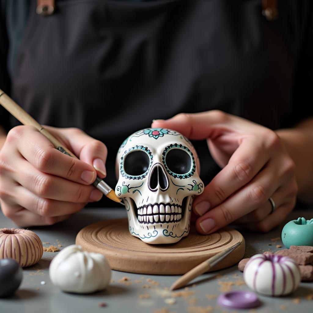 Artist painting a ceramic candy skull with intricate details.