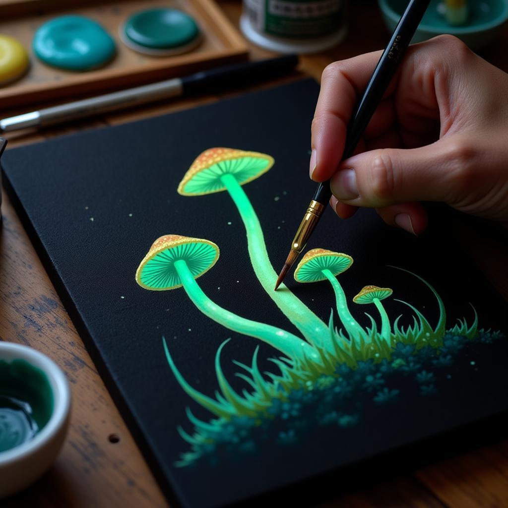 Artist painting bioluminescent mushrooms on canvas