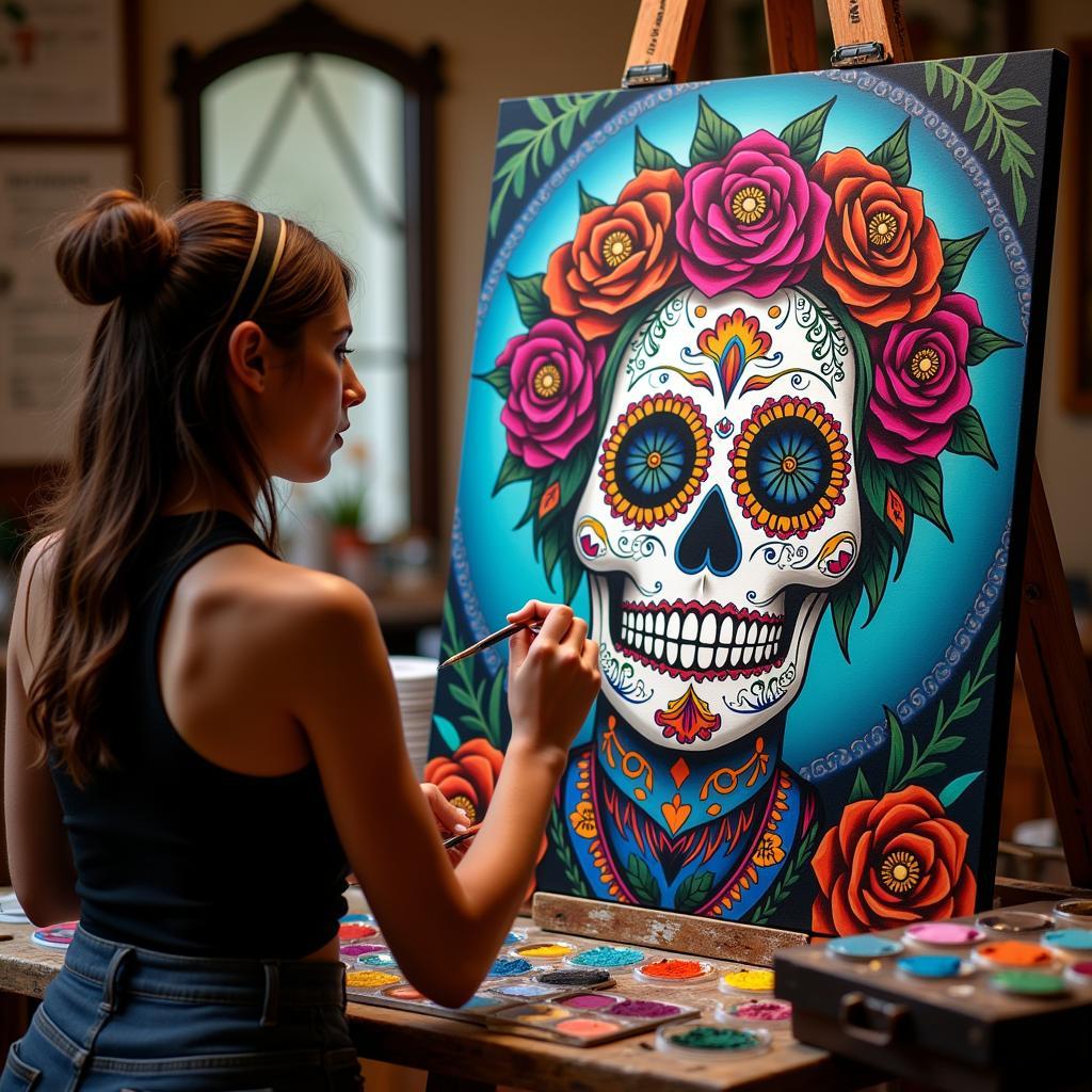 Artist Painting Sugar Skull Design