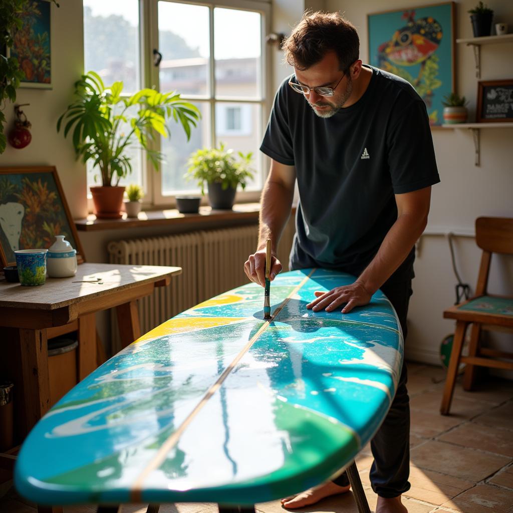 An artist paints a colorful abstract design on a surfboard